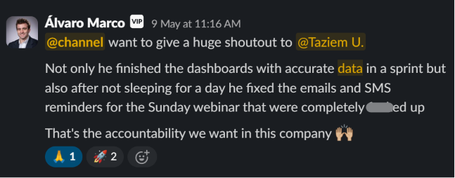 Álvaro Marco calling out Taziem's work in the team Slack