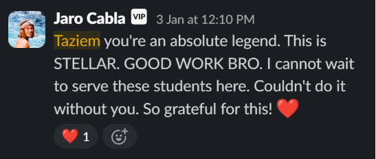 Jaro Cabla calling the dashboard work stellar in the team Slack